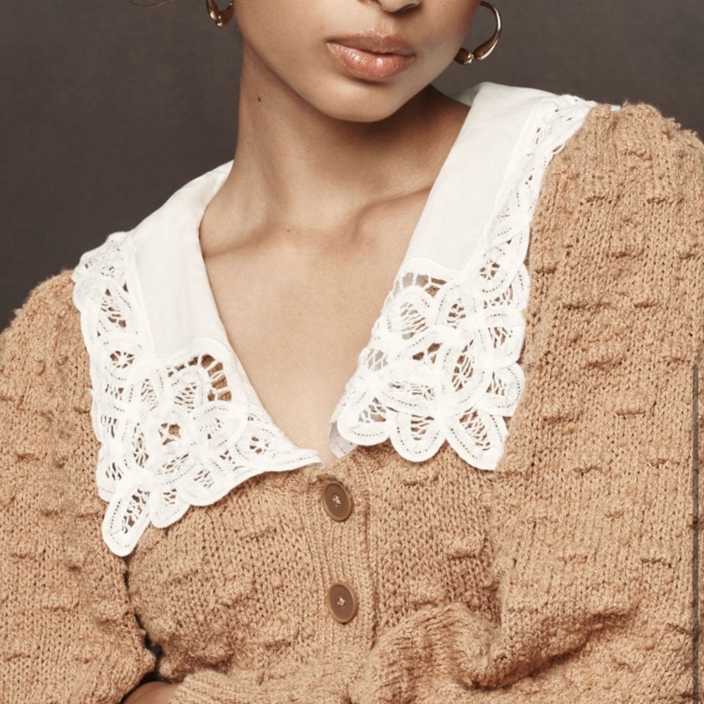 Anthropologie Tan Textured Cardigan with White Lace Collar - Picture 3 of 4